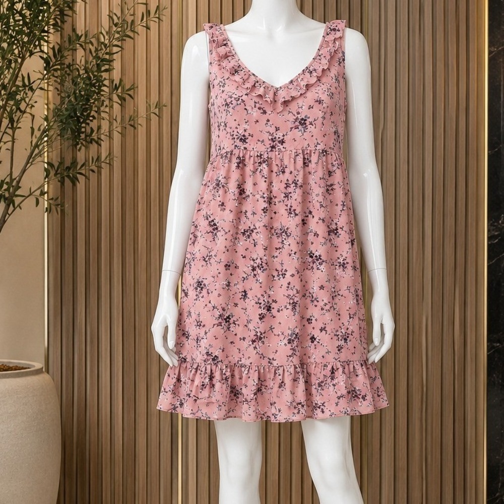 Vanity Womens Dress Pink Floral Ruffle Empire Waist Mini Small